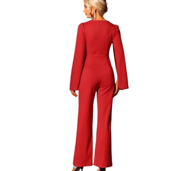 New Red Jumpsuit knit pearl encrusted slit bell sleeves square neck NWT sz L - Picture 2 of 9